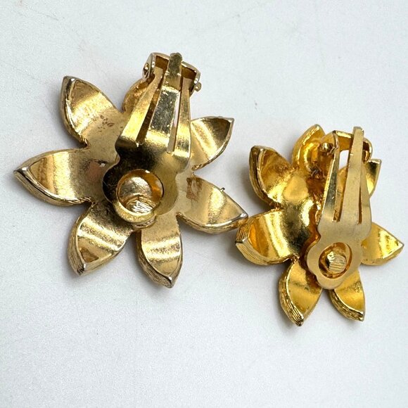 Gold-Tone Crystal Flower Clip-On Earrings Vintage Signed 2899 Blue Aura Center - Picture 6 of 8